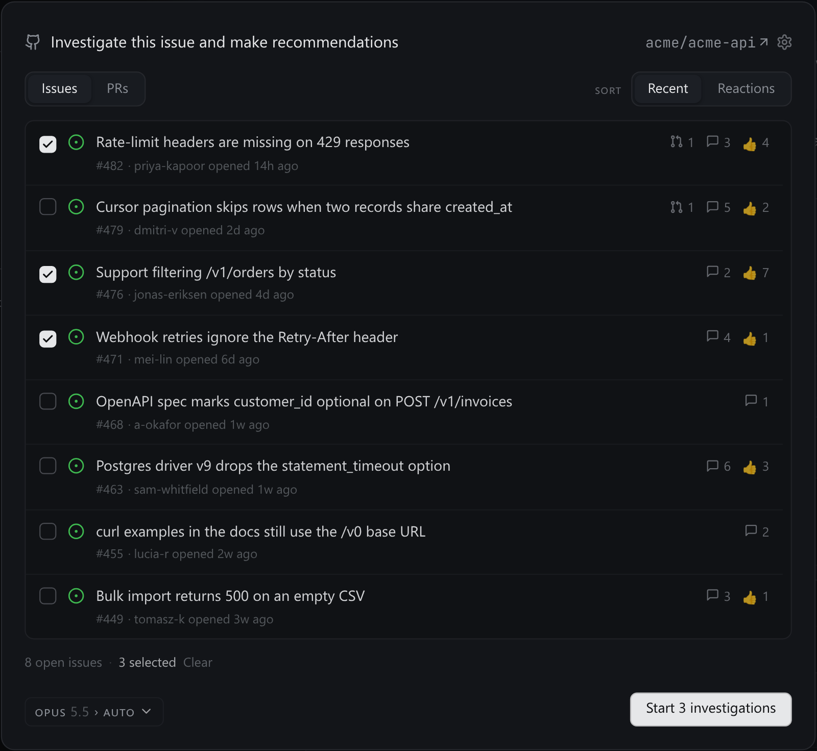 The GitHub picker listing a repo's open issues with comment, reaction and linked-PR counts, three of them checked, and a Start 3 investigations button.