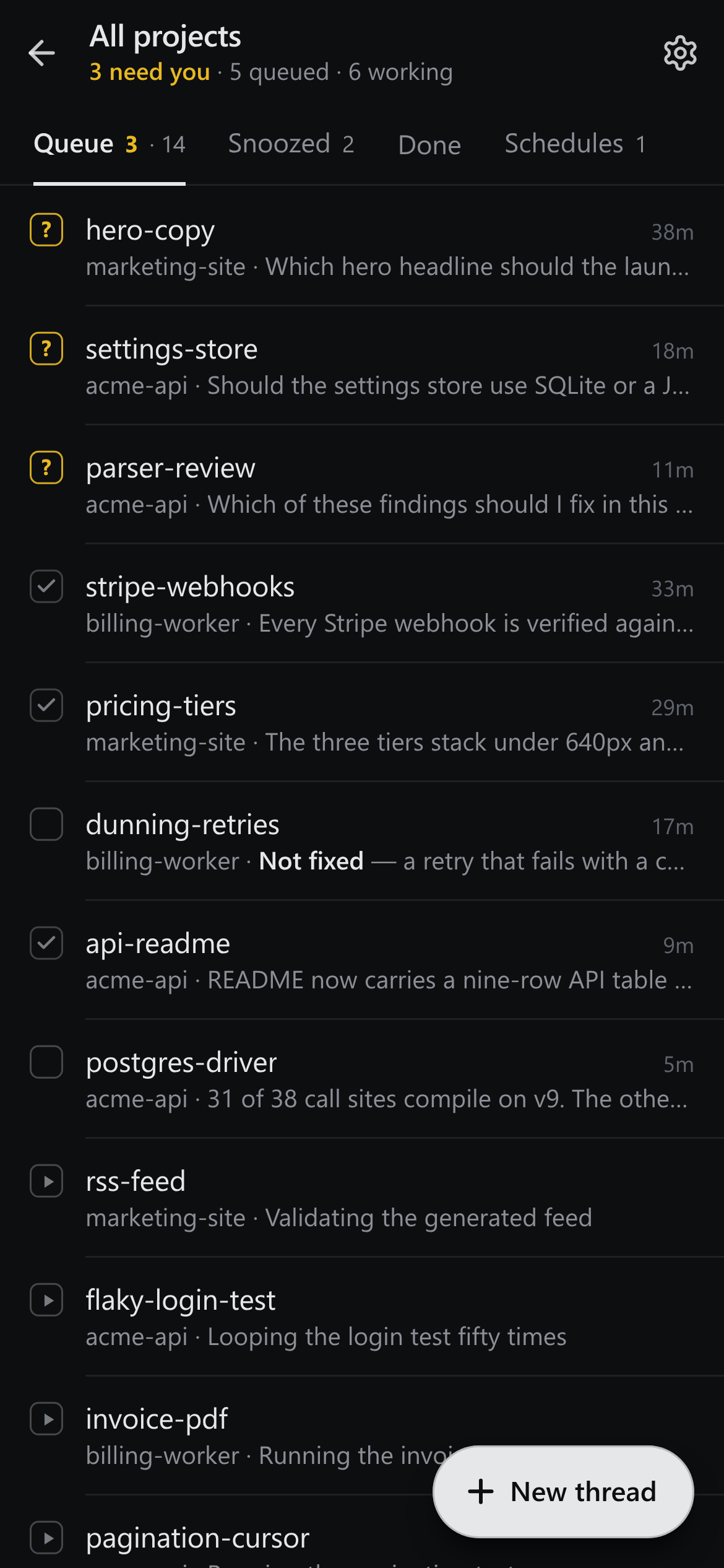 Ntwine on a phone: the All projects queue with three questions that need you at the top, then threads from three projects, and a New thread button.