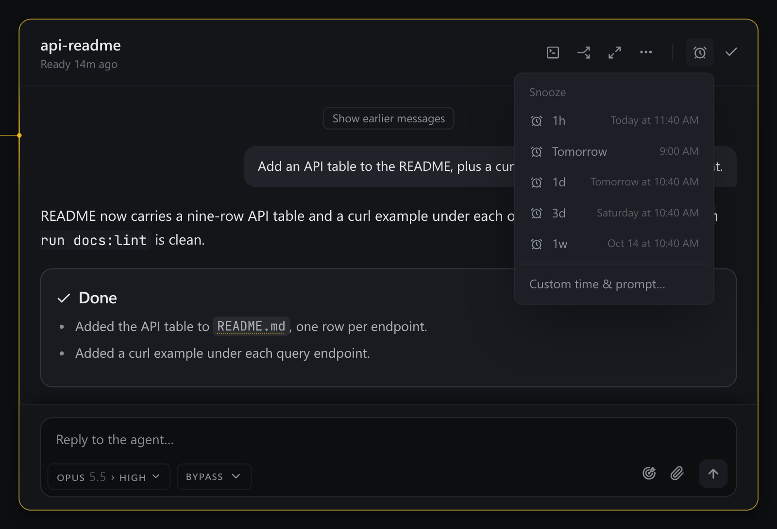 The snooze menu opened from the alarm clock in a queue card's header, offering 1h, tomorrow, 1d, 3d, 1w and a custom time.
