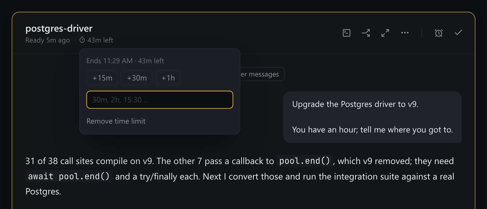 A queue card whose header shows a 43m left countdown, with the time-limit panel open: +15m, +30m and +1h, a field for a new limit, and Remove time limit.